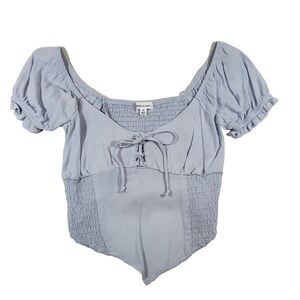 Stitch & Pine Blouse Womens XS Light Blue Short Sleeve Tie Neck‎ Elastic Waist